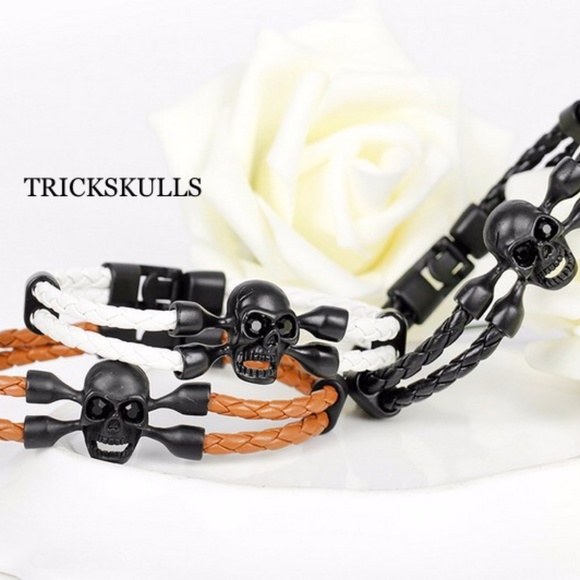 Womens Steel & Leather WHITE Braided Skull Bangle Bracelet 8 1/4” New & Sealed! - Picture 8 of 10